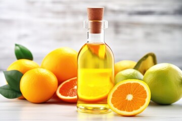 vitamin c serum in a bottle next to citrus fruits