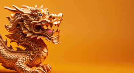 Fototapeta na wymiar Golden dragon statue on yellow background. Year of the Dragon, Chinese New Year