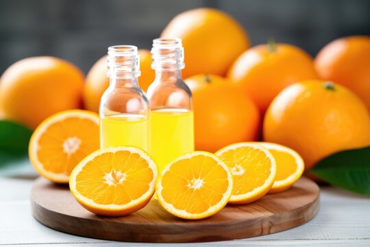flattened oranges with a center placement of a vitamin c bottle
