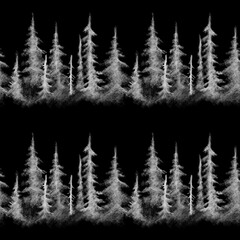 Misty spruce forest, hand-drawn. Mystical atmospheric landscape. Black and white seamless...