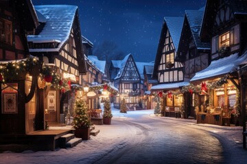 Beautiful snowy town at night decorated for Christmas.