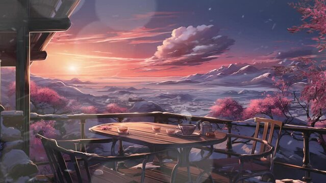 Beautiful winter scenery sky fantasy landscape from the balcony of the house. tea cup and cup, snowing. animation cartoon style video art design 