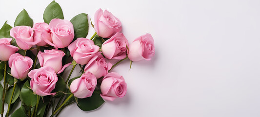 Bouquet of pink roses on the white background. Beautiful floral composition for wedding, Valentine's day, birthday.