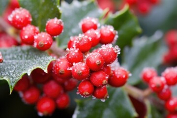 a close-up of vibrant holly berries with frost