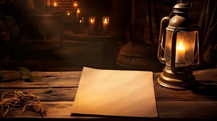 Pirate setting, Blank paper, Ancient sheet, Wooden Table, Candlelight, Lantern. INSIDE THE CELLAR. Sheet fot text insertion. Lighted candles in the background. Dark brown wooden table. Dim lighting.