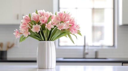 A white vase full of pink flowers is sitting on counter.