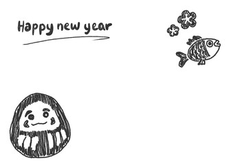 正月のだるま、鯛、梅のイラストとHappy new year手書き文字デザイン　モノクロ（黒）