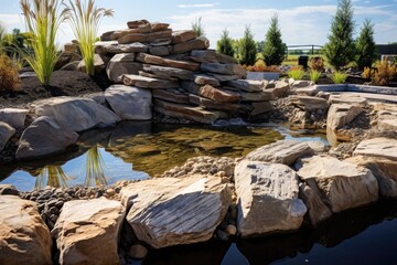 Fototapeta na wymiar landscaping rocks being arranged around a pond