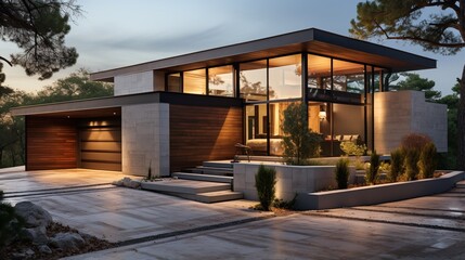 Obraz premium A modern small minimalist cubic house features wooden cladding and concrete walls, along with a driveway leading to the garage door in its residential architecture exterior