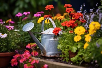 watering can a flower bed with droplets