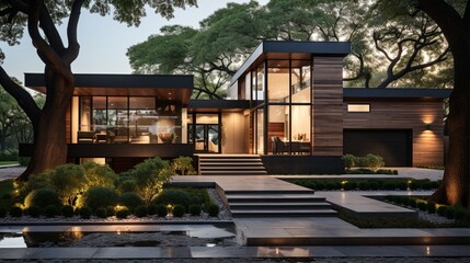 A modern two-story minimalist cubic house showcases wooden cladding and concrete walls, along with landscaping design in the front yard in its residential architecture exterior