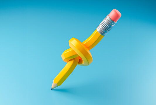 Pencil knot. A pencil tied in a knot on a blue background. 3d render