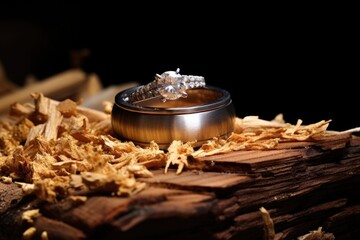 wedding rings on a fresh cut stump, with sawdust scattered around - obrazy, fototapety, plakaty