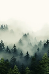 Ethereal Forested Landscape with Tall Pine Trees Shrouded in Mist - Emphasizing Depth, Mystery & Tranquility - Copy Space.