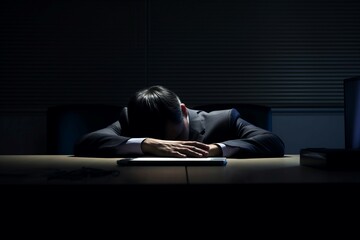 Depressed CEO man sleeping. Exhausted chief executive manager sleeping on table. Generate ai - obrazy, fototapety, plakaty