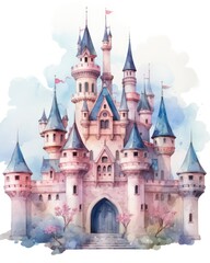 Colorful watercolor kawaii castle isolated on white background.