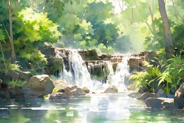 Watercolor scene of a cascading waterfall surrounded by rainforest.