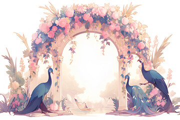 Mughal arch. Picture with peacocks. Watercolor style.
