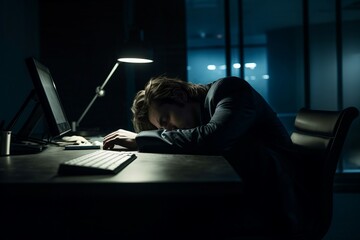 Anxious depressed CEO sleeping in office. Tired business manager sleeping at workplace. Generate ai - obrazy, fototapety, plakaty