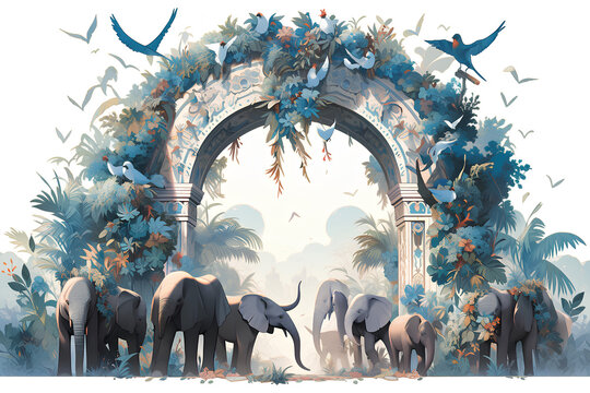 Mughal arch. Indian elephants. Decorative painting with elephants and plants