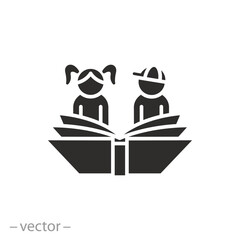 kids reading book icon, teaching children logo, child development or education, flat symbol - vector illustration