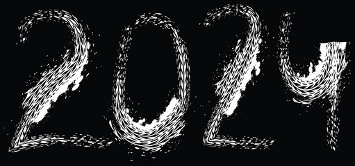 Happy New Year 2024 Black And White Urban Vector Texture Template. Dark Messy Dust Overlay Distress Background. Easy To Create Abstract Dotted, Scratchedg