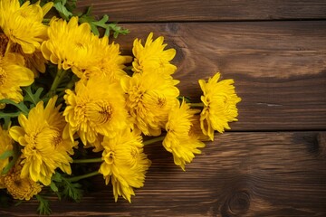 Close-up top view of yellow chrysanthemums on wooden background. Generative AI