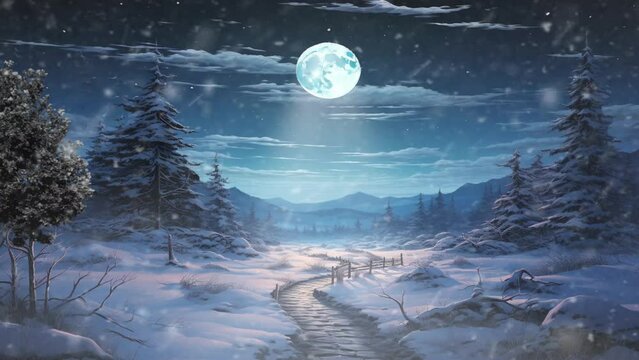 Beautiful nature moon night Sky winter christmas background video with snowing. Cartoon or anime illustration video style background