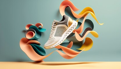 Flying trendy sneakers on creative colorful background, Stylish fashionable concept.