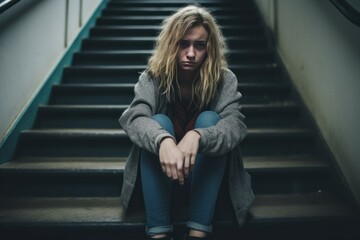 Depressed young woman sitting on suburban stairs. Stress serious problem work head. Generate Ai