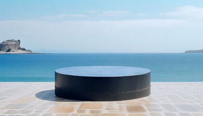 Circular black stage on the ground with a sea backdrop