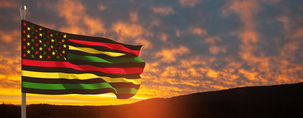 Alternative Juneteenth Flag on flagpole with sunrise or sunset. Since 1865. Banner. - obrazy, fototapety, plakaty