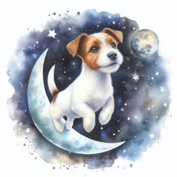 Watercolor Terrier floating in space with moon and stars
