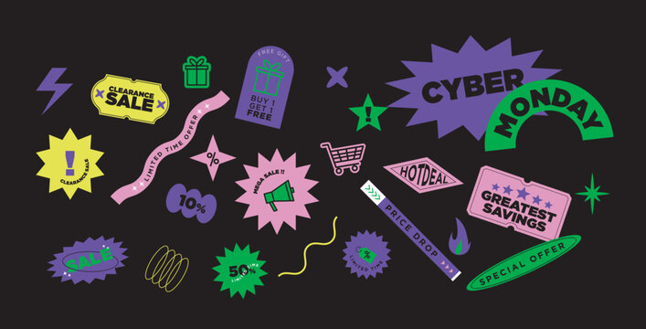 A bundle of modern contemporary sticker set  in neon color for promotion and sale