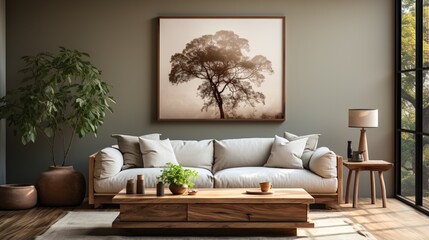 A round wooden coffee table stands near a beige sofa with a plaid and cushions, with a big mock-up poster frame on the wall, completing the interior design of the modern living room