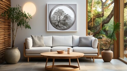 A round wooden coffee table stands near a sofa and armchair, with a blank mockup poster frame on the wall, creating a versatile and stylish interior design in the modern living room