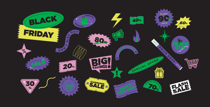 A bundle of modern contemporary sticker set  in neon color for promotion and sale