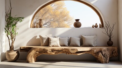 Fototapeta na wymiar A rustic bench made from a tree trunk is placed near an empty white wall with copy space, enhancing the boho interior design of the modern living room with a window in a farmhouse