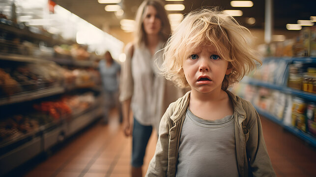 Child crying in a supermarket, mother is behind