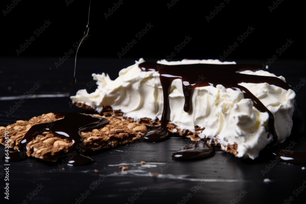 Sticker cream cheese smeared on a rye cracker with black background