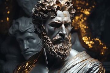 Une belle sculpture futuriste d'un homme sto&iuml;que avec des touches d'or et de marbre. Repr&eacute;sentant le sto&iuml;cisme. IA g&eacute;n&eacute;rative, IA
