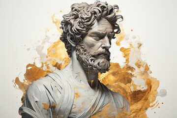 Une belle sculpture futuriste d'un homme stoïque avec des touches d'or et de marbre. Représentant le stoïcisme. IA générative, IA
