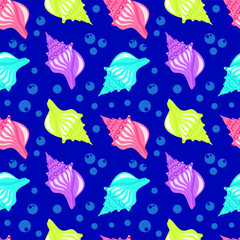 Colorful seashell and blue bubbles cartoon seamelss pattern. Vector illustration