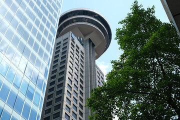 Fototapeta premium Vancouver, BC Canada Overlooking downtown Vancouver from Top of Vancouver Revolving Restaurant during sunset in summer. High quality
