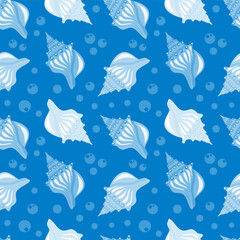 Colorful seashell and blue bubbles cartoon seamelss pattern. Vector illustration