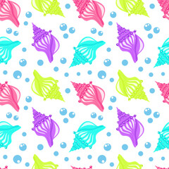 Colorful seashell and blue bubbles cartoon seamelss pattern. Vector illustration