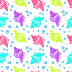 Colorful seashell and blue bubbles cartoon seamelss pattern. Vector illustration
