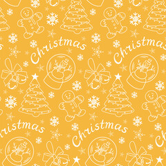 Christmas doodle pattern with traditional items. Christmas tree, gingerbread man, jingle bells, snowman in outline sketchy style. White doodles on yellow background. Winter design for wrapping textile - obrazy, fototapety, plakaty