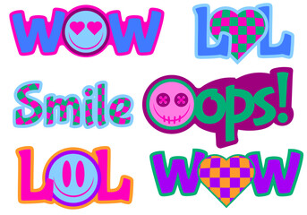 trendy retro stickers with bright funny faces and inscription, vector illustration y2k