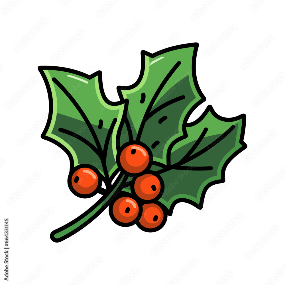 Wall mural Christmas holly berry leaves. Cartoon Christmas icon. Christmas plant.